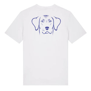 Blue outline illustration of the head of a Rhodesian Ridgeback on the back of a white unisex t-shirt