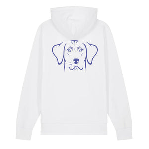 Blue outline illustration of the head of a Rhodesian Ridgeback on the back of a white unisex Hoodie