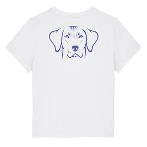 Blue outline illustration of the head of a Rhodesian Ridgeback on the back of a white ladies t-shirt