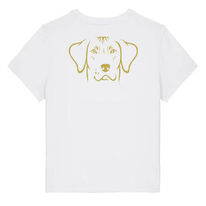 Gold outline illustration of the head of a Rhodesian Ridgeback on the back of a white ladies t-shirt