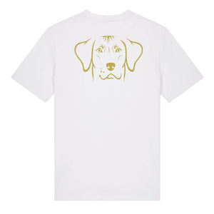 Gold outline illustration of the head of a Rhodesian Ridgeback on the back of a white unisex t-shirt