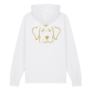 Gold outline illustration of the head of a Rhodesian Ridgeback on the back of a white unisex Hoodie