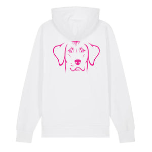 Magenta outline illustration of the head of a Rhodesian Ridgeback on the back of a white unisex Hoodie