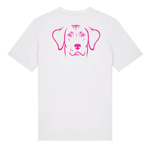 Magenta outline illustration of the head of a Rhodesian Ridgeback on the back of a white unisex t-shirt