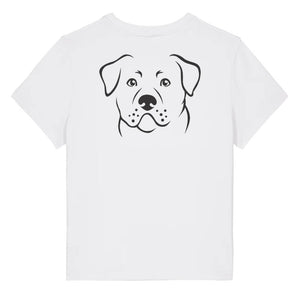 Black outline illustration of the head of a Rottweiler on the back of a white ladies t-shirt