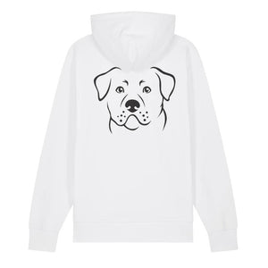 Black outline illustration of the head of a Rottweiler on the back of a white unisex Hoodie