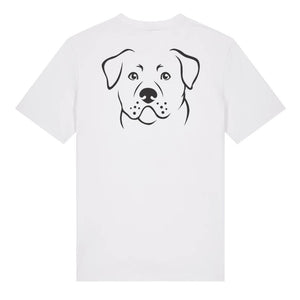 Black outline illustration of the head of a Rottweiler on the back of a white unisex t-shirt