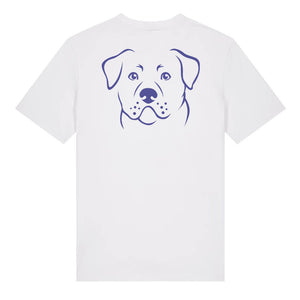 Blue outline illustration of the head of a Rottweiler on the back of a white unisex t-shirt