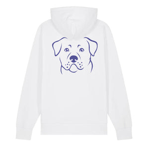 Blue outline illustration of the head of a Rottweiler on the back of a white unisex Hoodie