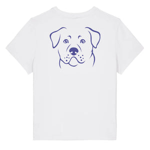 Blue outline illustration of the head of a Rottweiler on the back of a white ladies t-shirt