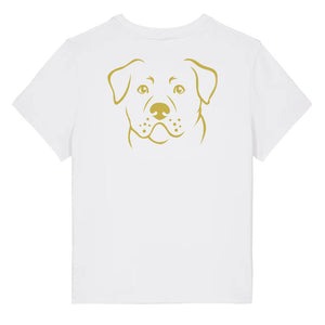 Gold outline illustration of the head of a Rottweiler on the back of a white ladies t-shirt