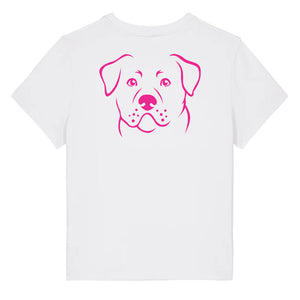 Magenta outline illustration of the head of a Rottweiler on the back of a white ladies t-shirt
