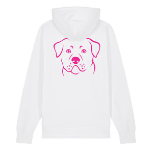 Magenta outline illustration of the head of a Rottweiler on the back of a white unisex Hoodie