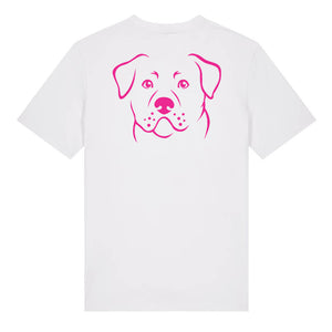 Magenta outline illustration of the head of a Rottweiler on the back of a white unisex t-shirt