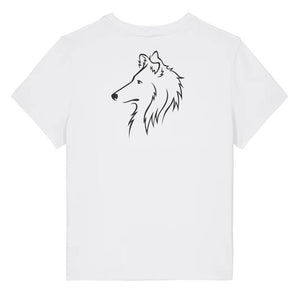 Black outline illustration of the head of a Rough Collie on the back of a white ladies t-shirt