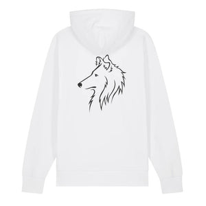 Black outline illustration of the head of a Rough Collie on the back of a white unisex Hoodie