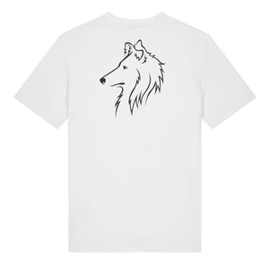 Black outline illustration of the head of a Rough Collie on the back of a white unisex t-shirt