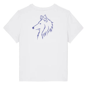 Blue outline illustration of the head of a Rough Collie on the back of a white ladies t-shirt