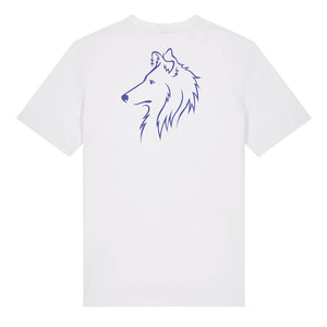 Blue outline illustration of the head of a Rough Collie on the back of a white unisex t-shirt