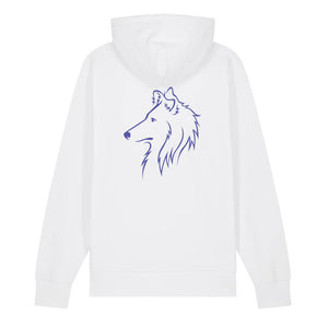 Blue outline illustration of the head of a Rough Collie on the back of a white unisex Hoodie