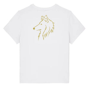 Gold outline illustration of the head of a Rough Collie on the back of a white ladies t-shirt