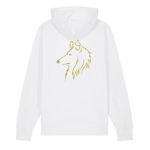 Gold outline illustration of the head of a Rough Collie on the back of a white unisex Hoodie