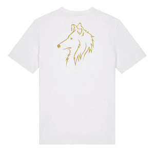 Gold outline illustration of the head of a Rough Collie on the back of a white unisex t-shirt