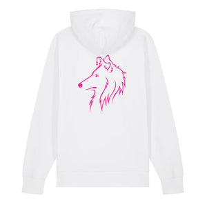 Magenta outline illustration of the head of a Rough Collie on the back of a white unisex Hoodie