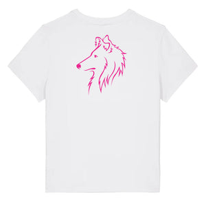 Magenta outline illustration of the head of a Rough Collie on the back of a white ladies t-shirt