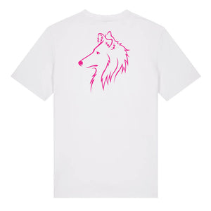 Magenta outline illustration of the head of a Rough Collie on the back of a white unisex t-shirt