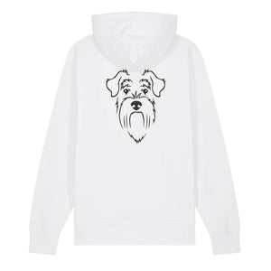 Black outline illustration of the head of a Schnauzer on the back of a white unisex Hoodie