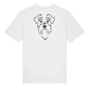 Black outline illustration of the head of a Schnauzer on the back of a white unisex t-shirt