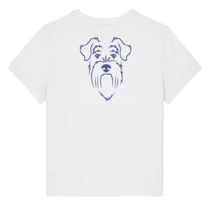 Blue outline illustration of the head of a Schnauzer on the back of a white ladies t-shirt