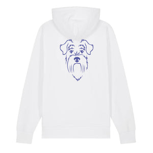 Blue outline illustration of the head of a Schnauzer on the back of a white unisex Hoodie