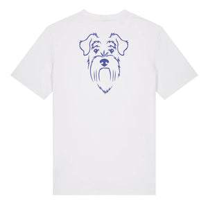Blue outline illustration of the head of a Schnauzer on the back of a white unisex t-shirt