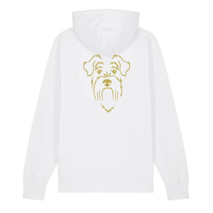 Gold outline illustration of the head of a Schnauzer on the back of a white unisex Hoodie