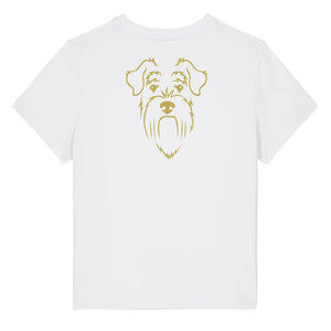 Gold outline illustration of the head of a Schnauzer on the back of a white ladies t-shirt