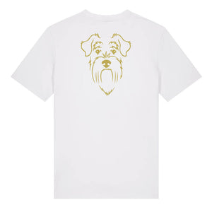 Gold outline illustration of the head of a Schnauzer on the back of a white unisex t-shirt