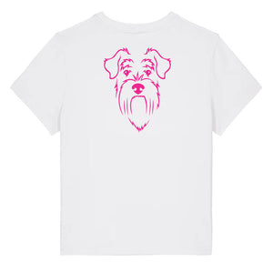 Magenta outline illustration of the head of a Schnauzer on the back of a white ladies t-shirt