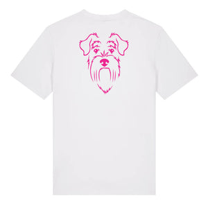 Magenta outline illustration of the head of a Schnauzer on the back of a white unisex t-shirt