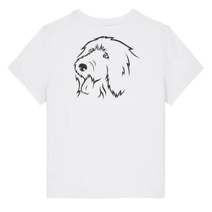 Black outline illustration of the head of an Old English Sheepdog on the back of a white ladies t-shirt