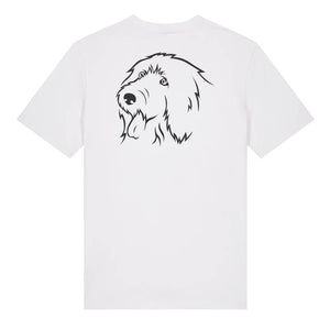 Black outline illustration of the head of an Old English Sheepdog on the back of a white unisex t-shirt
