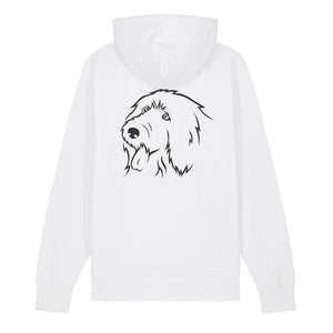 Black outline illustration of the head of an Old English Sheepdog on the back of a white unisex Hoodie
