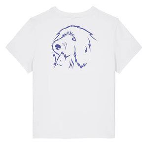 Blue outline illustration of the head of an Old English Sheepdog on the back of a white ladies t-shirt