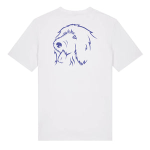 Blue outline illustration of the head of an Old English Sheepdog on the back of a white unisex t-shirt