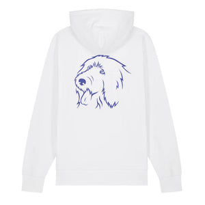 Blue outline illustration of the head of an Old English Sheepdog on the back of a white unisex Hoodie