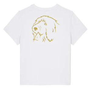 Gold outline illustration of the head of an Old English Sheepdog on the back of a white ladies t-shirt