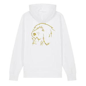 Gold outline illustration of the head of an Old English Sheepdog on the back of a white unisex Hoodie