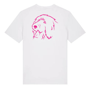 Magenta outline illustration of the head of an Old English Sheepdog on the back of a white unisex t-shirt