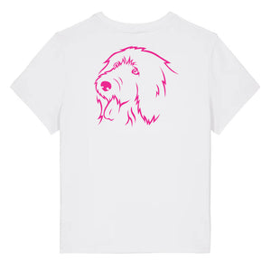 Magenta outline illustration of the head of an Old English Sheepdog on the back of a white ladies t-shirt